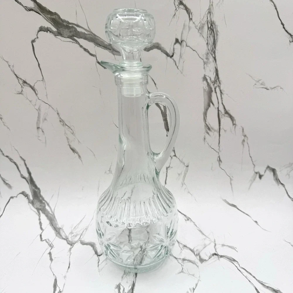 Vintage Starburst Clear Glass Decanter w Stopper MCM Barware Handle 1970s
